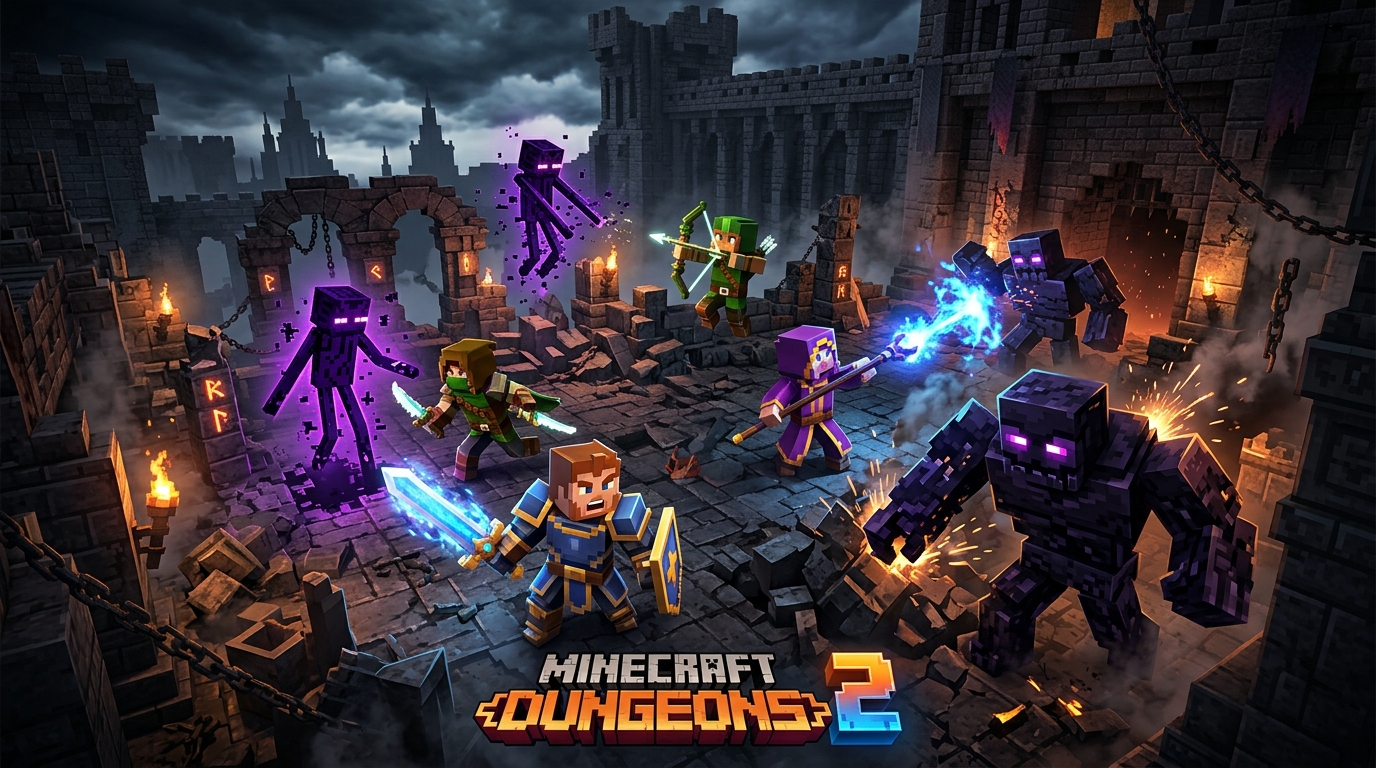 Minecraft Dungeons 2 Heroes battling Obsidian Golems and Endermen